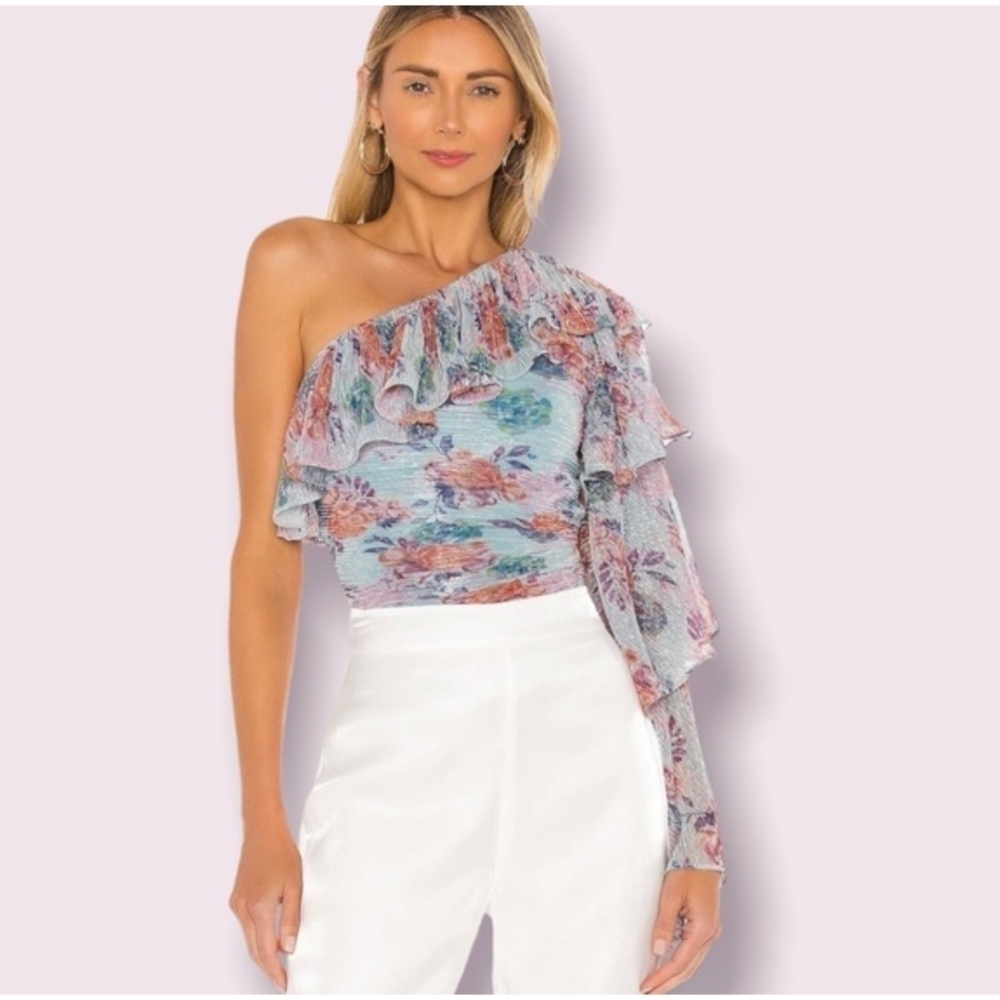 NBD Johanne One Shoulder Ruffle Metallic Floral Top Size XS
